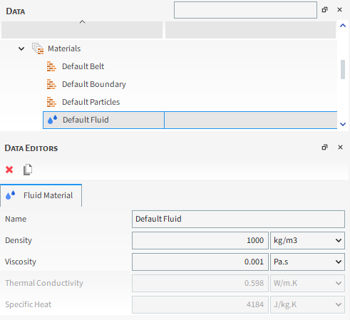 Fluid Materials Parameters in the Data Editors Panel