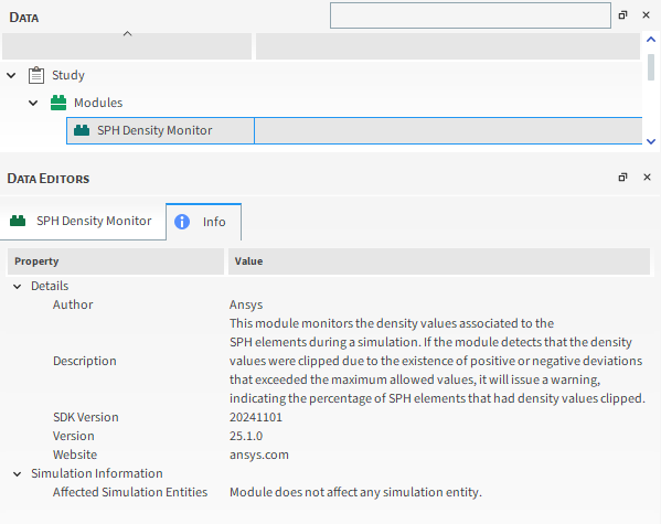 Info Tab for the SPH Density Monitor Module