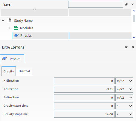 Gravity Parameters in the Data Editors panel