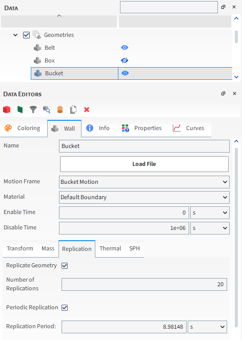 Replication Parameters under Geometries Wall Tab in the Data Editors Panel