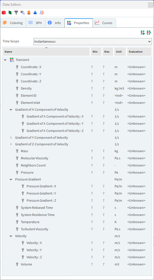 SPH Properties options on the Data Editors panel