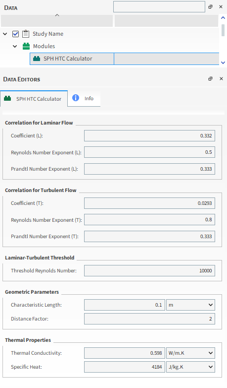 Options in the Data Editors Panel when the SPH HTC Calculator is Enabled