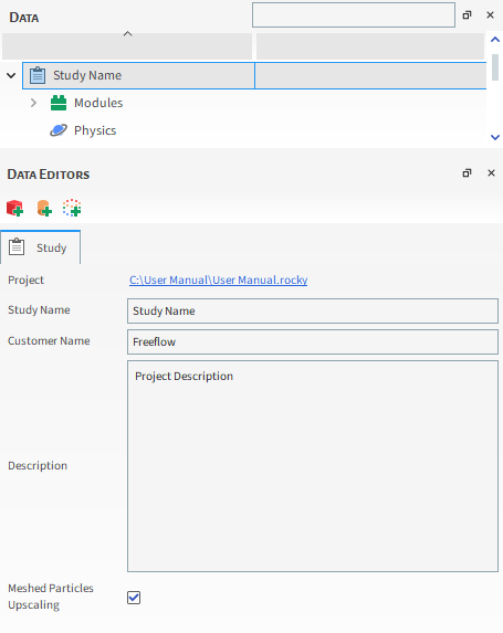 Study Parameters in the Data Editors panel (Saved project with information entered)