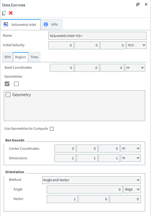 Volumetric Inlet, Region sub-tab, Data Editors panel