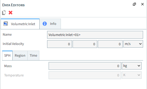 Volumetric Inlet, SPH sub-tab, Data Editors panel