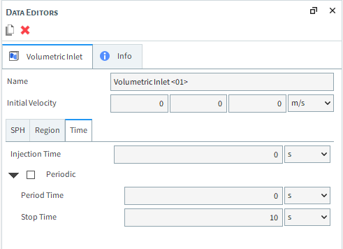 Volumetric Inlet, Time sub-tab, Data Editors panel
