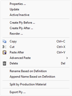 Right-Click Modeling Ply Menu