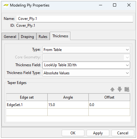 Thickness Definition Through Tabular Values