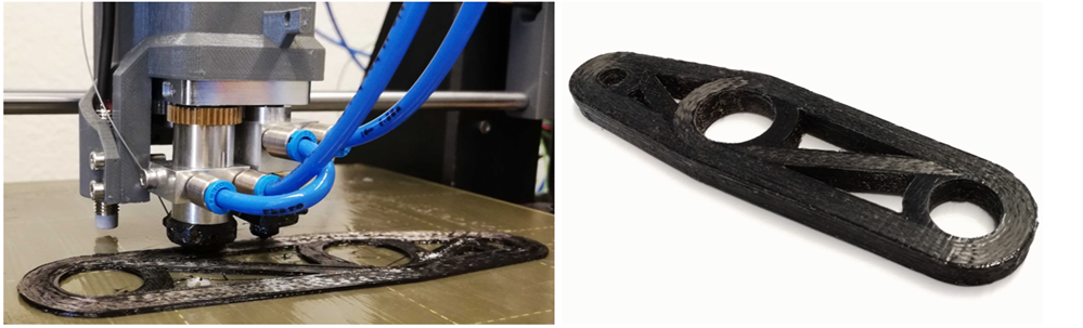 3D Printing with Endless Fiber Reinforcement and Final Part (Courtesy of 9T Labs)