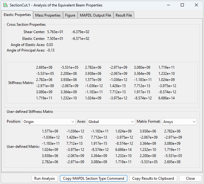 Elastic Properties after Running Analysis of the Sectional Properties (via Run Analysis Button)