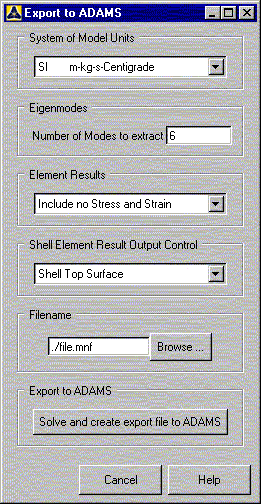 Export to Adams Dialog Box