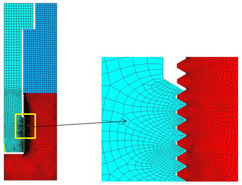 2D Axisymmetric Model of a True Threaded Bolt Joint with Mesh Details