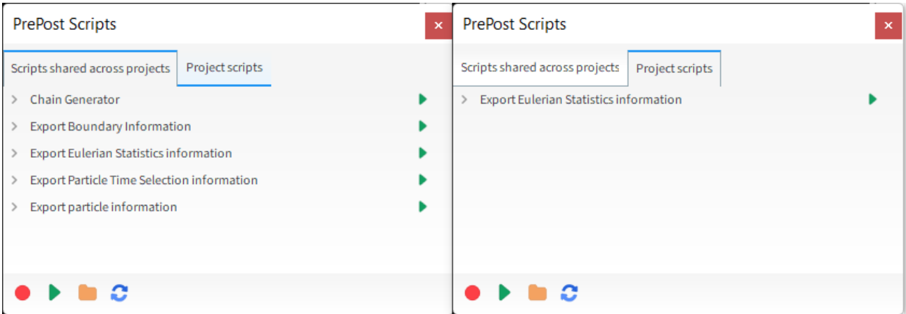 PrePost Script panel showing different scripts shared across all projects (left) and other scripts specific for the current project only (right)