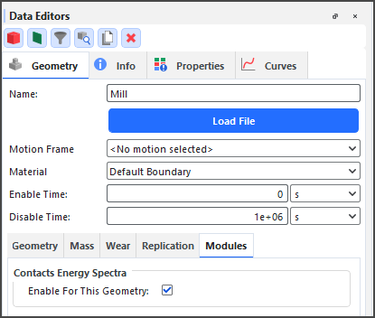 Additional module options for a geometry component when the Contacts Energy Spectra module is enabled