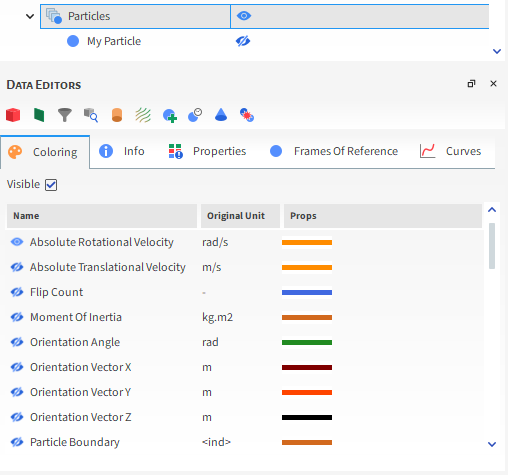 Coloring tab when a plot or histogram window is selected for the Particles entity
