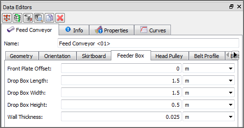 Default Feed Conveyor, Feeder Box parameters in the Data Editors panel