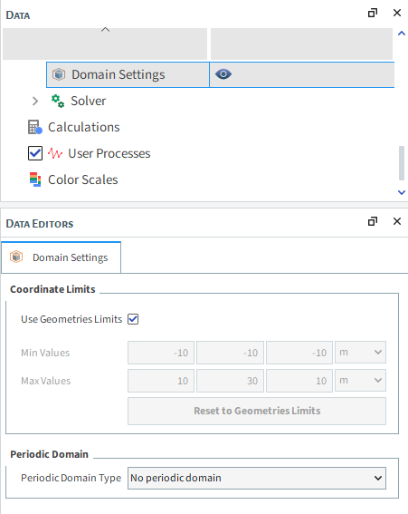 Domain Settings, Coordinate Limits parameters in the Data Editors panel (No periodic domain)