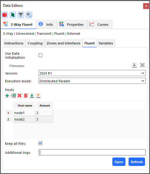 2-Way Fluent, Fluent tab when Distributed Parallel is selected for Execution mode