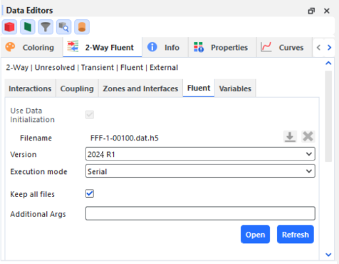 Fluent tab in Rocky Data Editors with existing fluid data is used in a 2-way coupled simulation