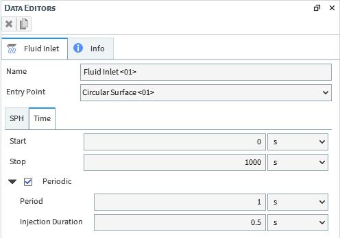 Fluid Inlet, Time sub-tab, Data Editors panel