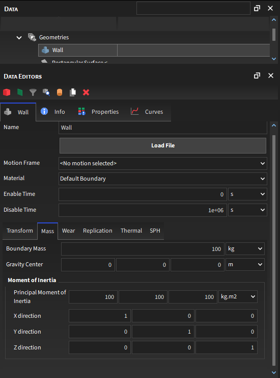 Imported wall, Mass parameters in the Data Editors panel