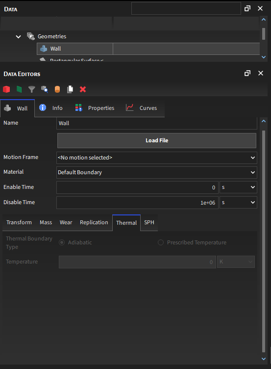 Imported wall, Thermal parameters in the Data Editors panel