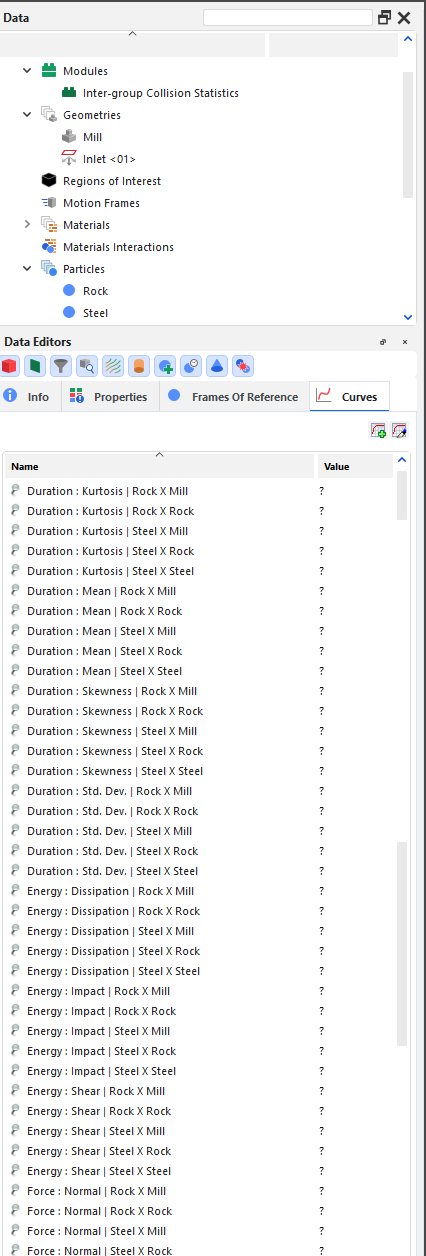 Particles, Curves options on the Data Editors panel when Inter-group Collision Statistics is enabled