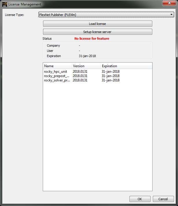 Example - License Management dialog showing a Status of No license for feature