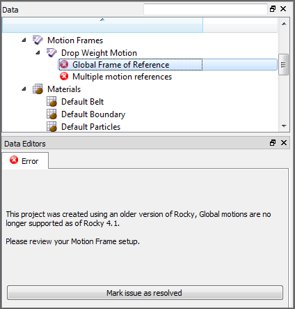 Two different Motion Frame references errors appearing in the Data panel