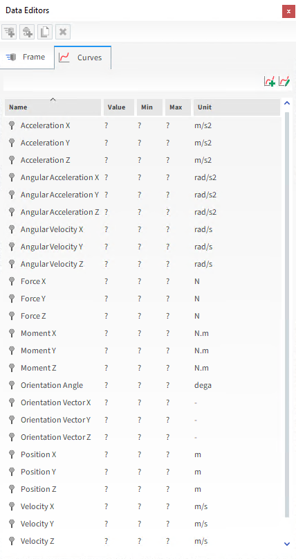 Motion Frames, Curves options on the Data Editors panel