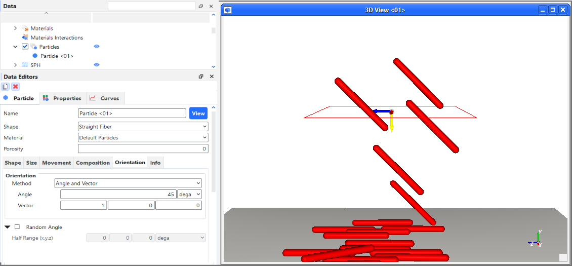 A Particle set with a 45 degree Rotation Angle along the X axis being released from an inlet