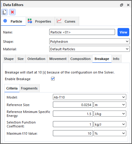 Particle, Breakage tab on the Data Editors panel showing Ab-T10 model settings