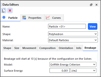 Particle, Breakage tab on the Data Editors panel showing the Griffith Energy Criterion model settings