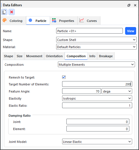 Particle, Composition tab on the Data Editors panel for Shell particles