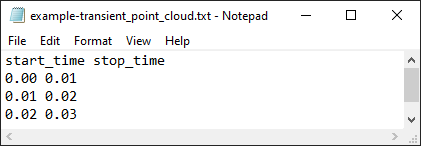 Example text file defining the main file of a Transient Point Cloud with three Static Point Clouds.