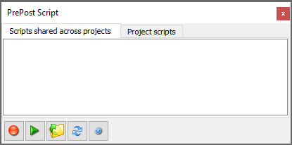 PrePost Script panel showing no scripts shared across projects