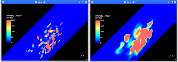 A custom conveyor with Faces showing Intensity : Impact with Show on Nodes disabled (left) and enabled (right)