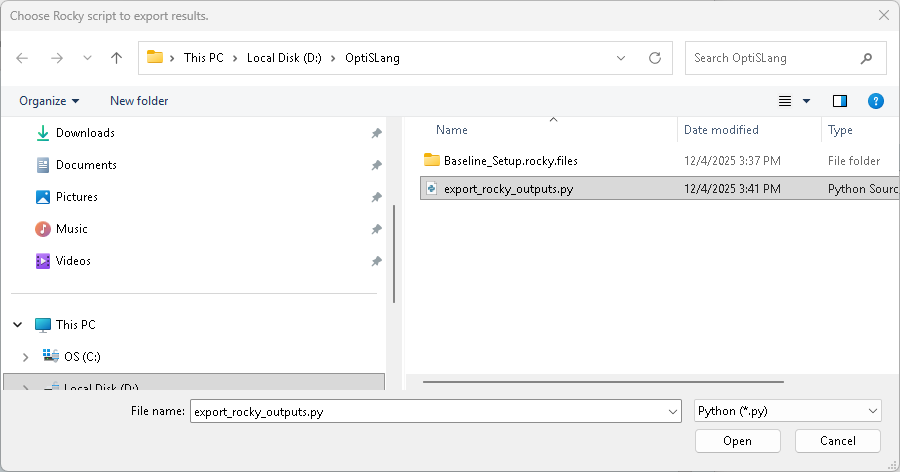 Choose the Rocky script to export results