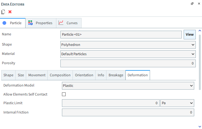 Particles, Deformation tab (Plastic) on the Data Editors panel
