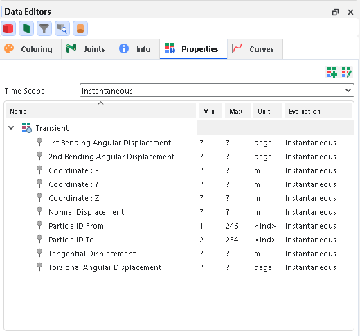 Joints properties in the Data Editors after simulation (default, unsaved project)