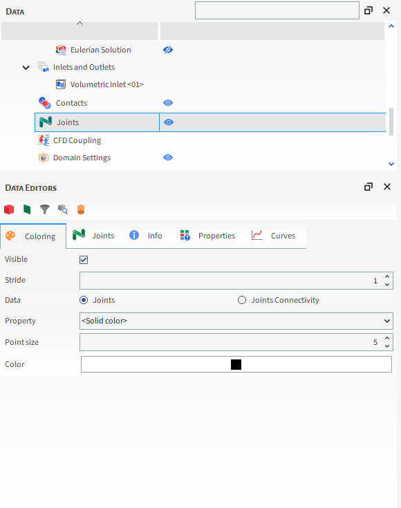Joints parameters in the Data Editors panel (Coloring - Joints)