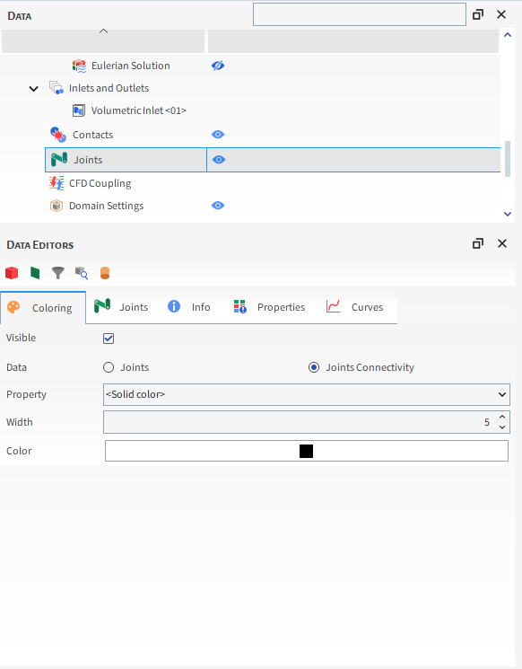 Joints parameters in the Data Editors panel (Coloring - Joints Connectivity)