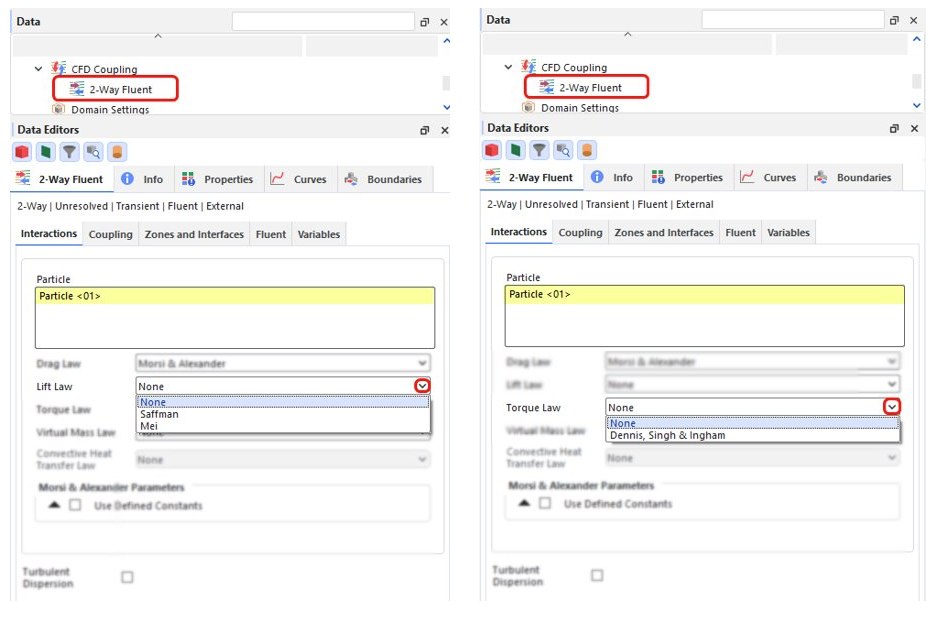 Lift and Torque Laws in the Data Editors panel