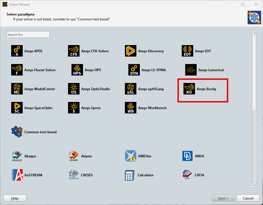 Ansys Rocky selection in Ansys optiSLang software