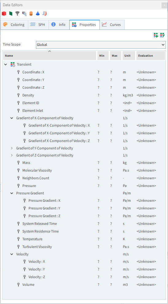 SPH Properties options on the Data Editors panel