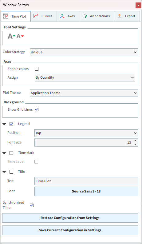 Time Plot settings in the Window Editors panel