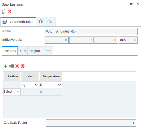 Volumetric Inlet, Particles sub-tab, Data Editors panel