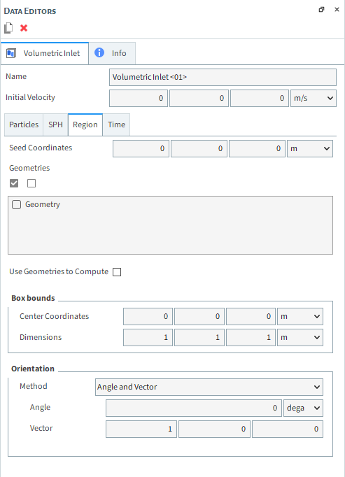 Volumetric Inlet, Region sub-tab, Data Editors panel