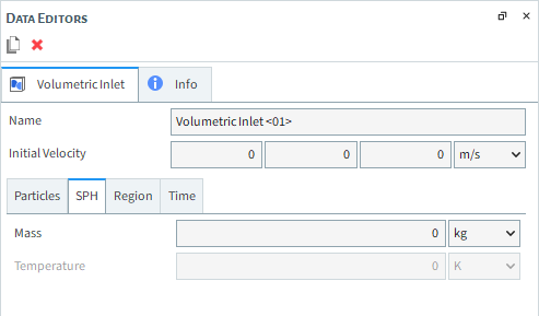 Volumetric Inlet, SPH sub-tab, Data Editors panel