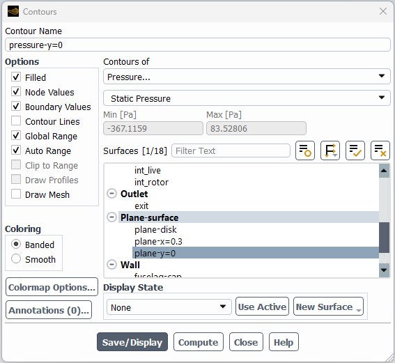 Pressure Distribution Contours on the Y=0 Plane